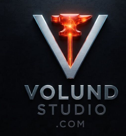 Volund Studio mark, a silver V with an orange anvil